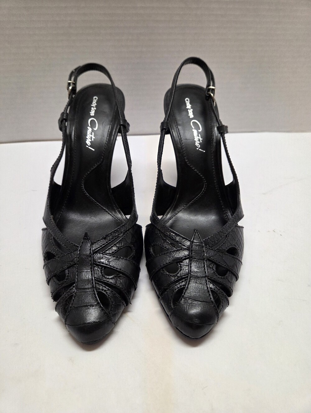 Cindy Says Couture Black Leather Slingback Kitten Stiletto Heels Womens Size 9